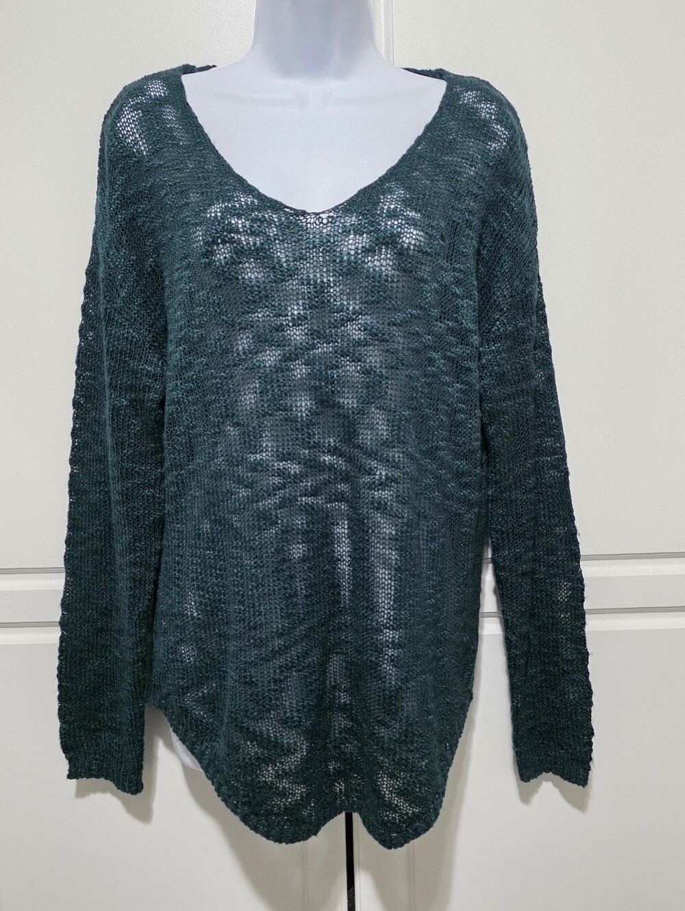 RD Style Womens Dark Teal Boho Layering Sheer Open Knit V-Neck Pullover Sweater